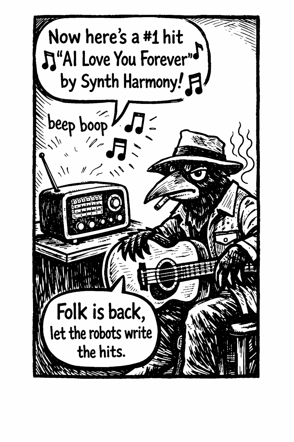 Crow Joe in the Age of AI comic - Crow Joe the blues playing crow listens to top 40 radio that has been completely over taken by ai generated robot music.  The radio is an ai singing 'now here''s a number 1 hit 'ai love you forever' by synth harmony' crow joe does not look enthused and says to himself 'Folk is back, let the robots write the hits' The joke is commercial pop music will soon be dominated by ai generated tracks.  Folk and blues created by everyday people will make a comeback and that is what has true value anyway.